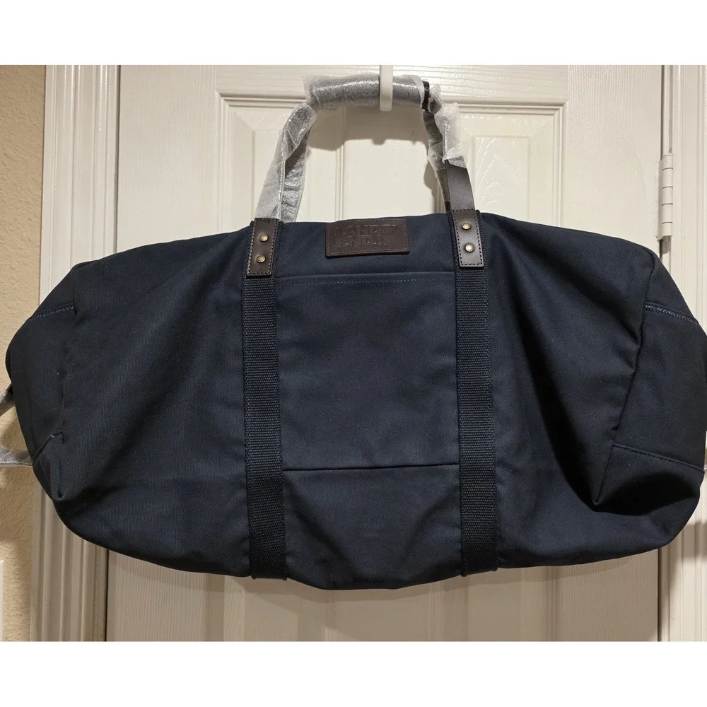 Lands End Navy Blue Canvas & Brown Leather Weekender Duffle Bag Tote NEW